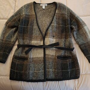 Jones New York Plaid Belted Wool Blend Cardigan Sweater